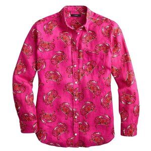J. Crew 100% Linen Crab Print Boy Shirt SZ 12 Fuchsia Pink Dopamine Novelty